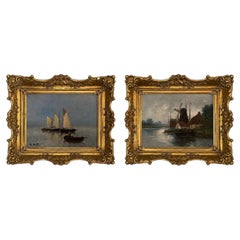 Set of Two 19th Century Antique Marine Oil Paintings in Gilt Frames