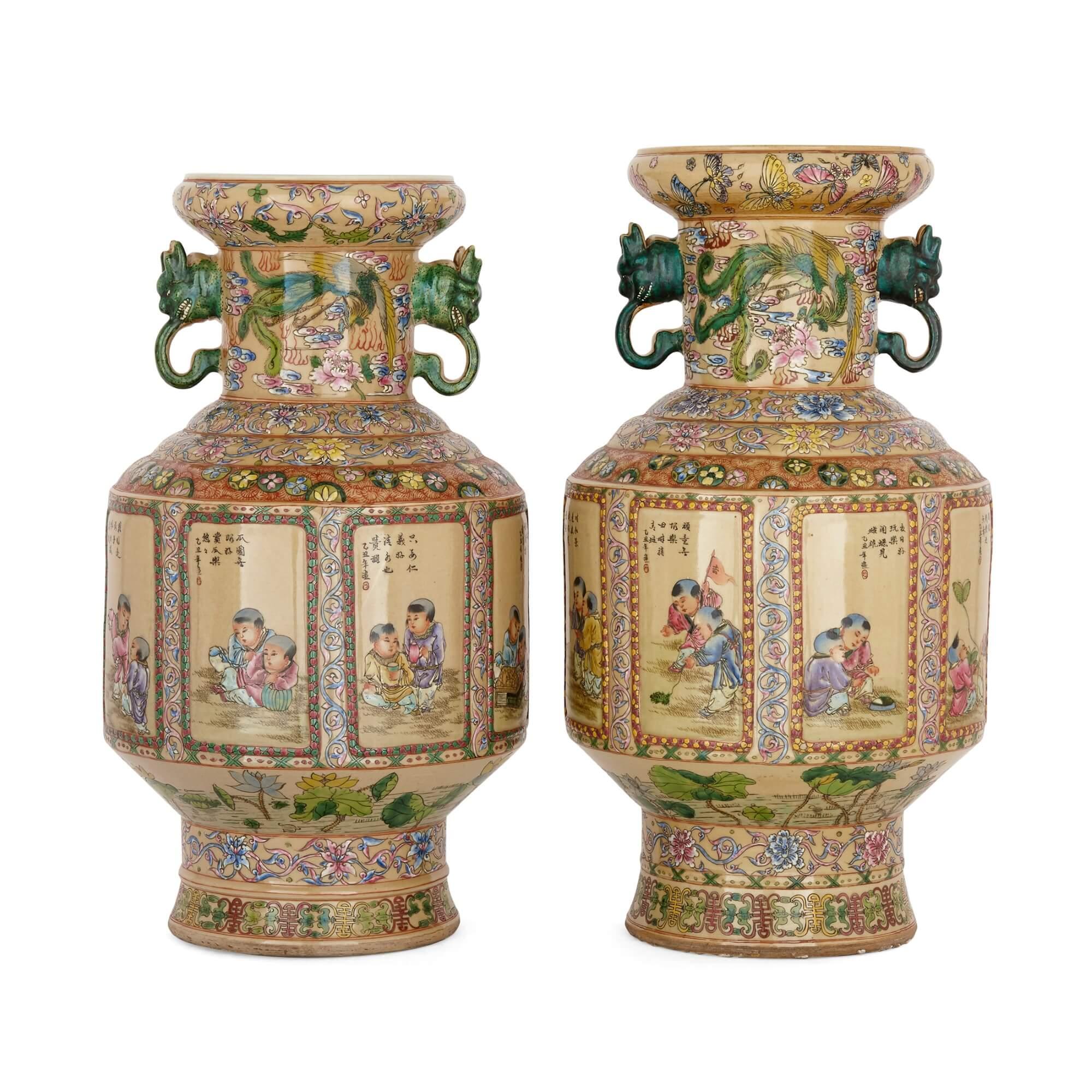 Set of two 19th Century Chinese porcelain vases
Chinese, 19th Century
Height 57cm, diameter 32cm

The vases feature bodies of cylindrical form with retracted bases and stepped retracted necks with flared rims. Each of the vases features twin handles