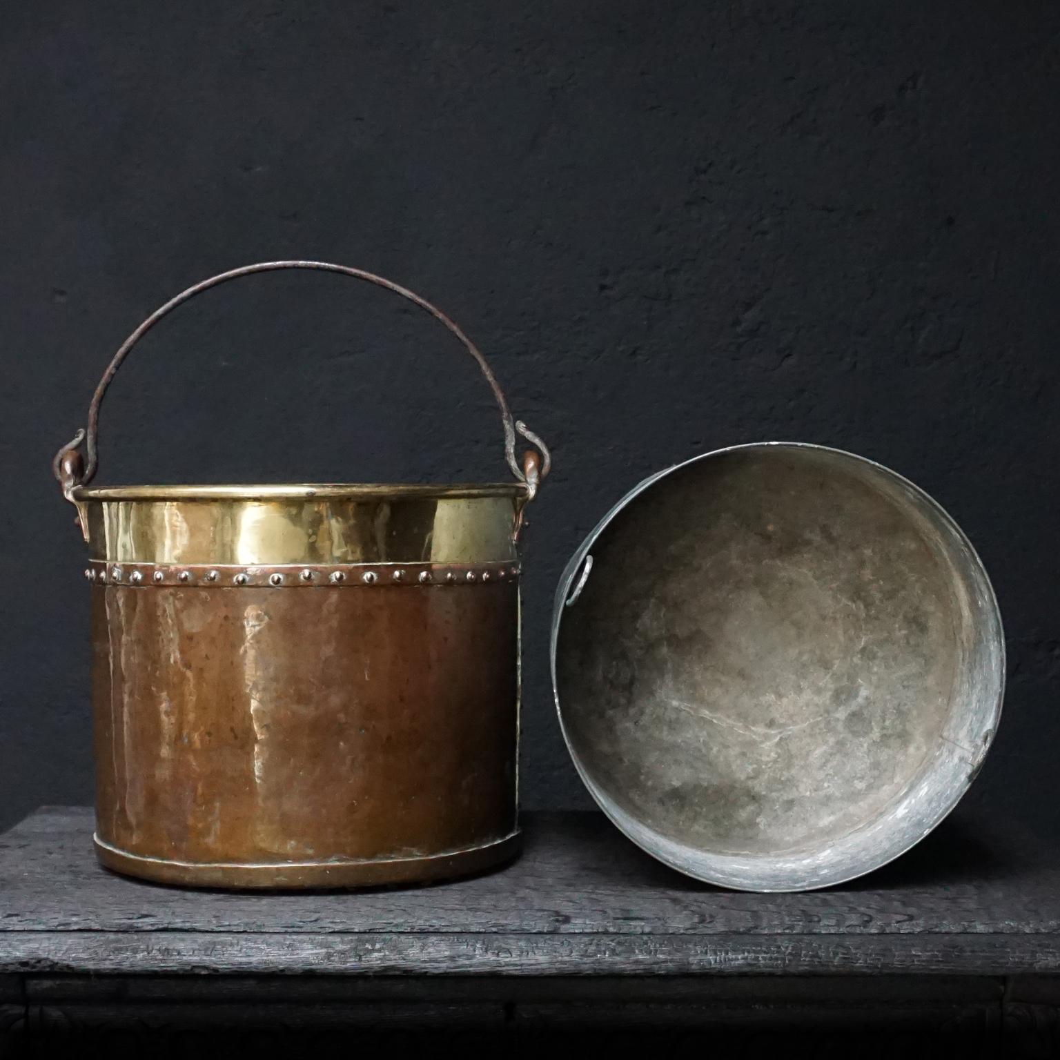 Set of Two 19th Century Dutch Copper and Brass Riveted Buckets with Zinc Insert 8