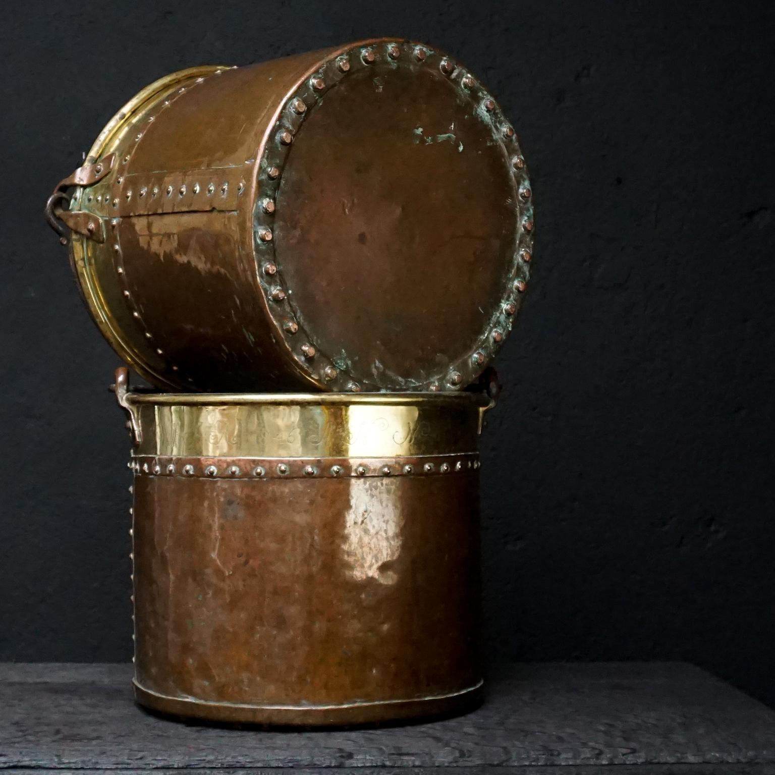 Set of Two 19th Century Dutch Copper and Brass Riveted Buckets with Zinc Insert 11