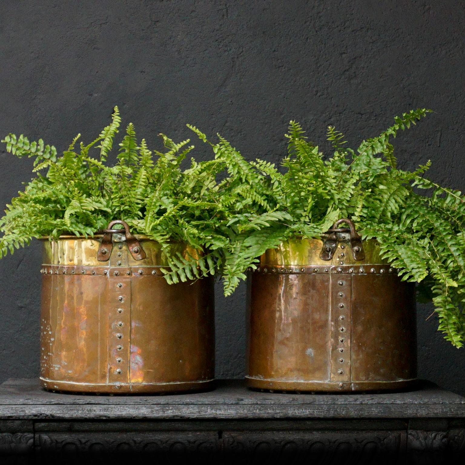 Hammered Set of Two 19th Century Dutch Copper and Brass Riveted Buckets with Zinc Insert