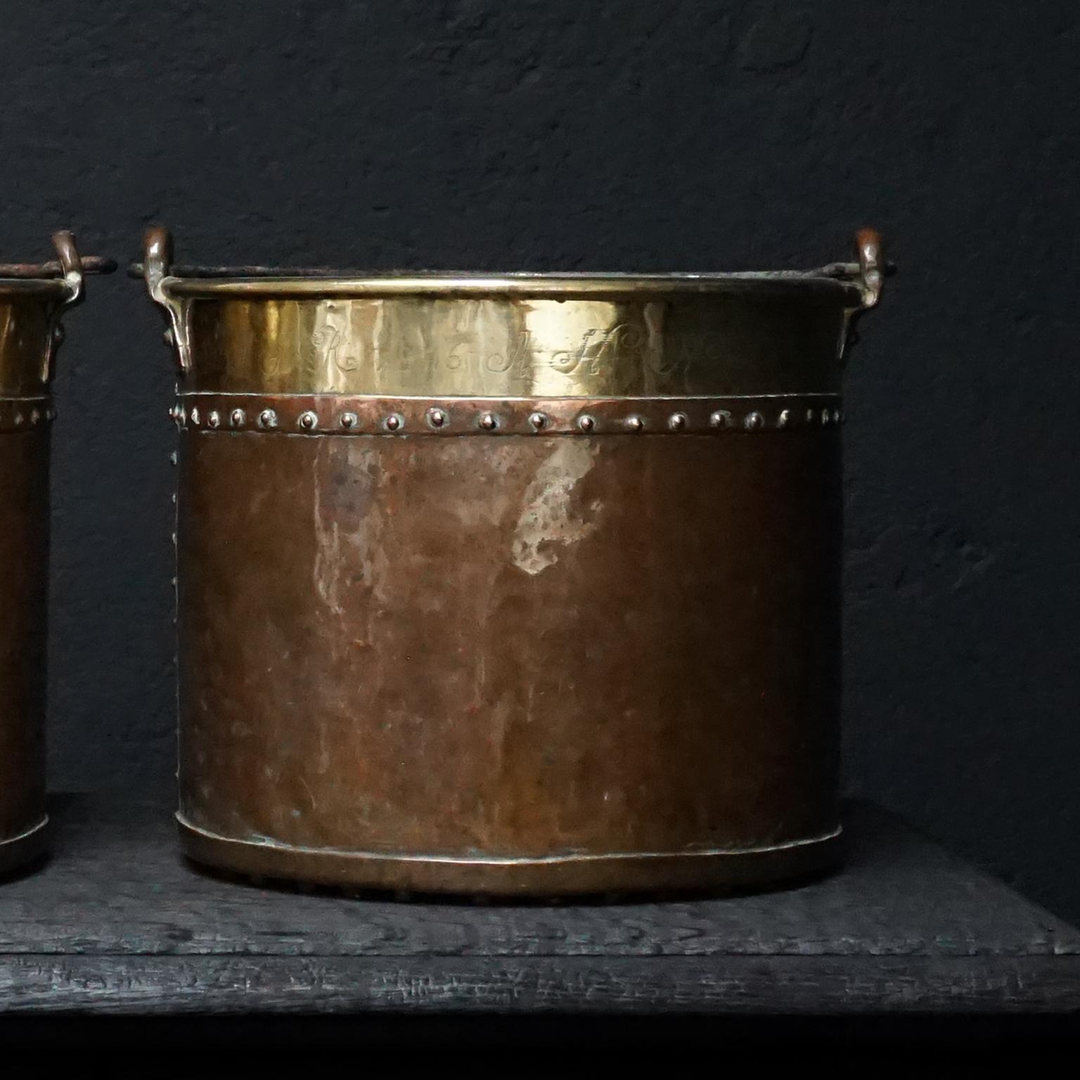 Set of Two 19th Century Dutch Copper and Brass Riveted Buckets with Zinc Insert 2
