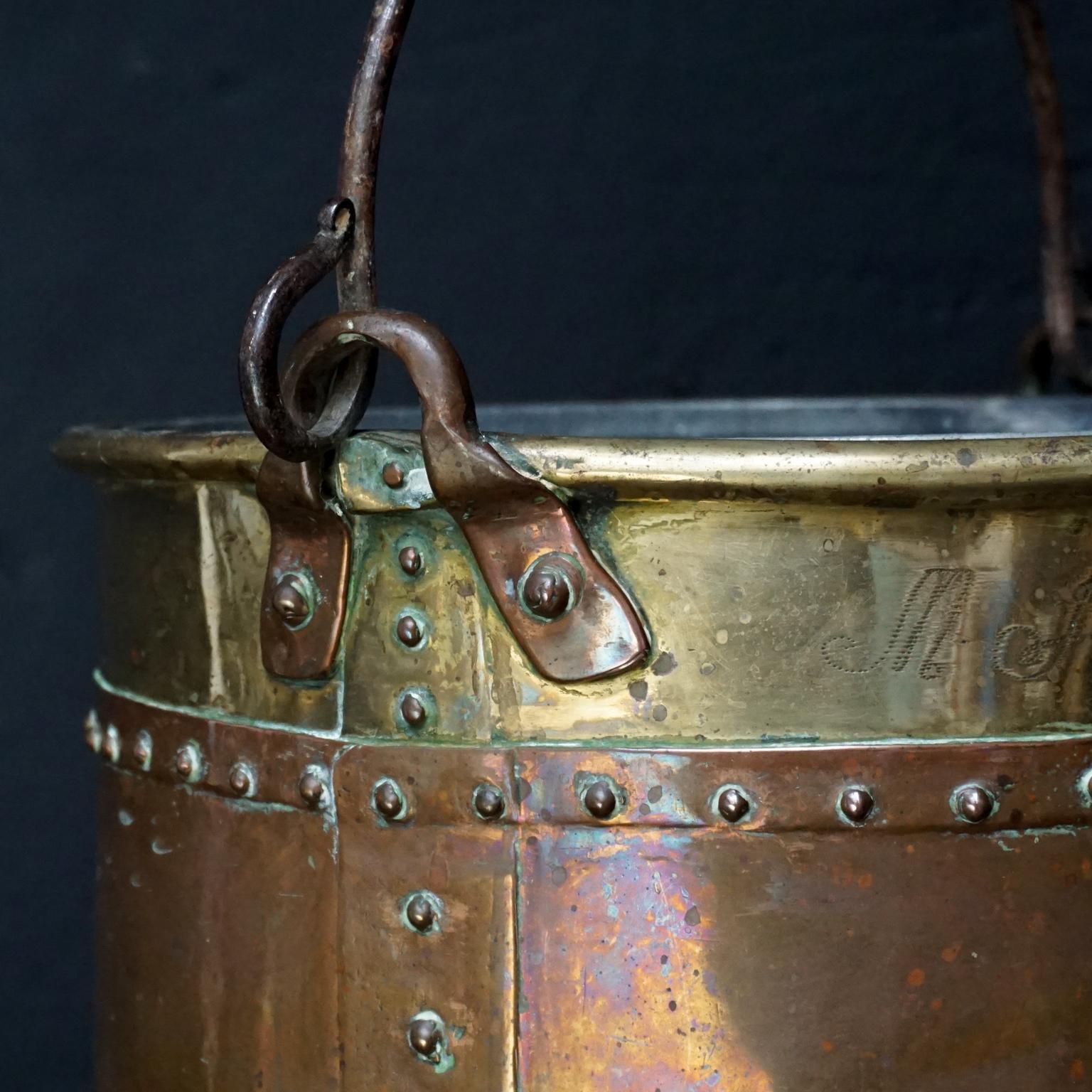 Set of Two 19th Century Dutch Copper and Brass Riveted Buckets with Zinc Insert 5