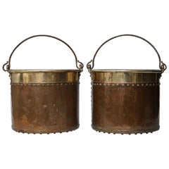 Antique Set of Two 19th Century Dutch Copper and Brass Riveted Buckets with Zinc Insert