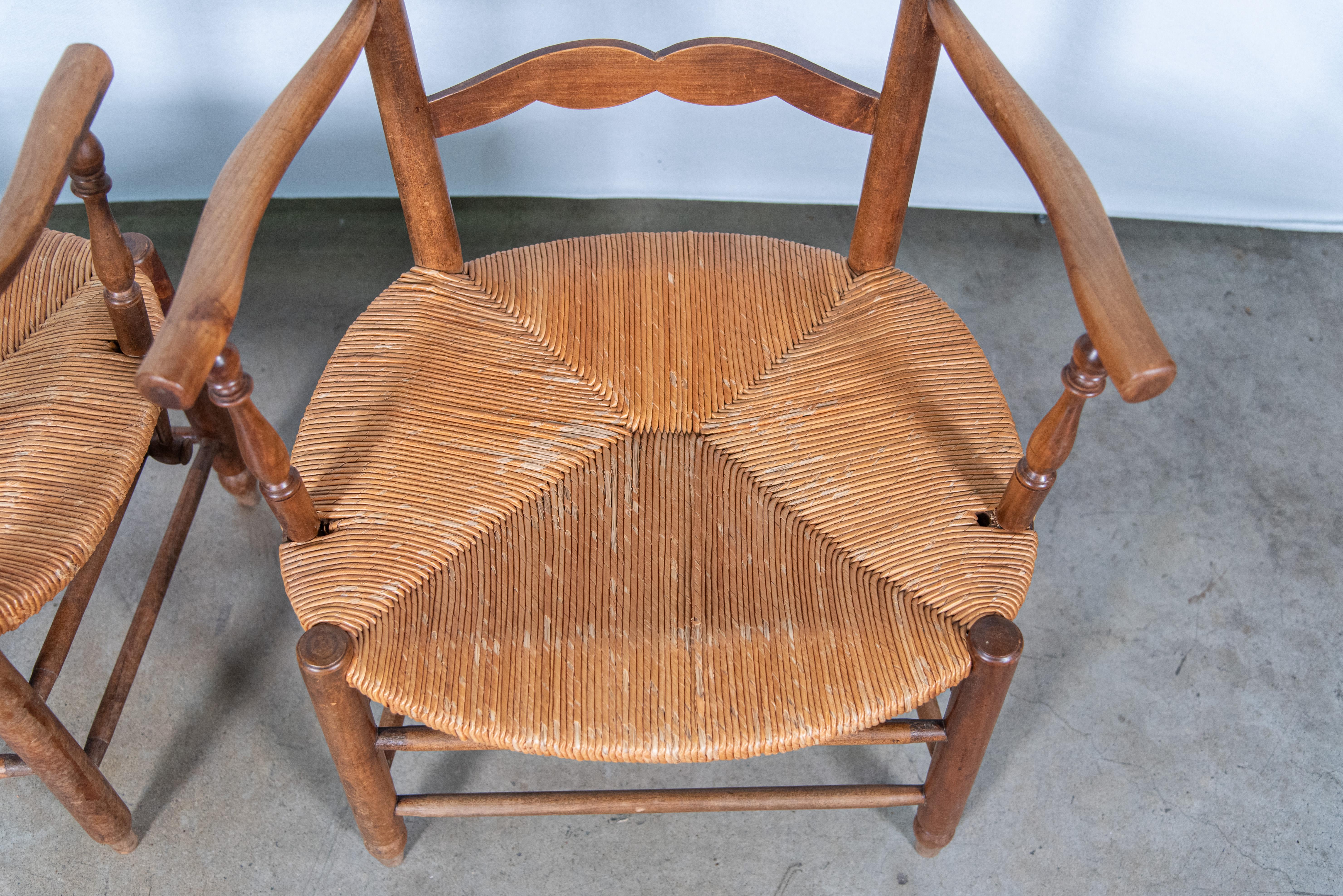 Hand-Woven Set of Two 19th Century French Country Style Rattan Arm Chairs For Sale