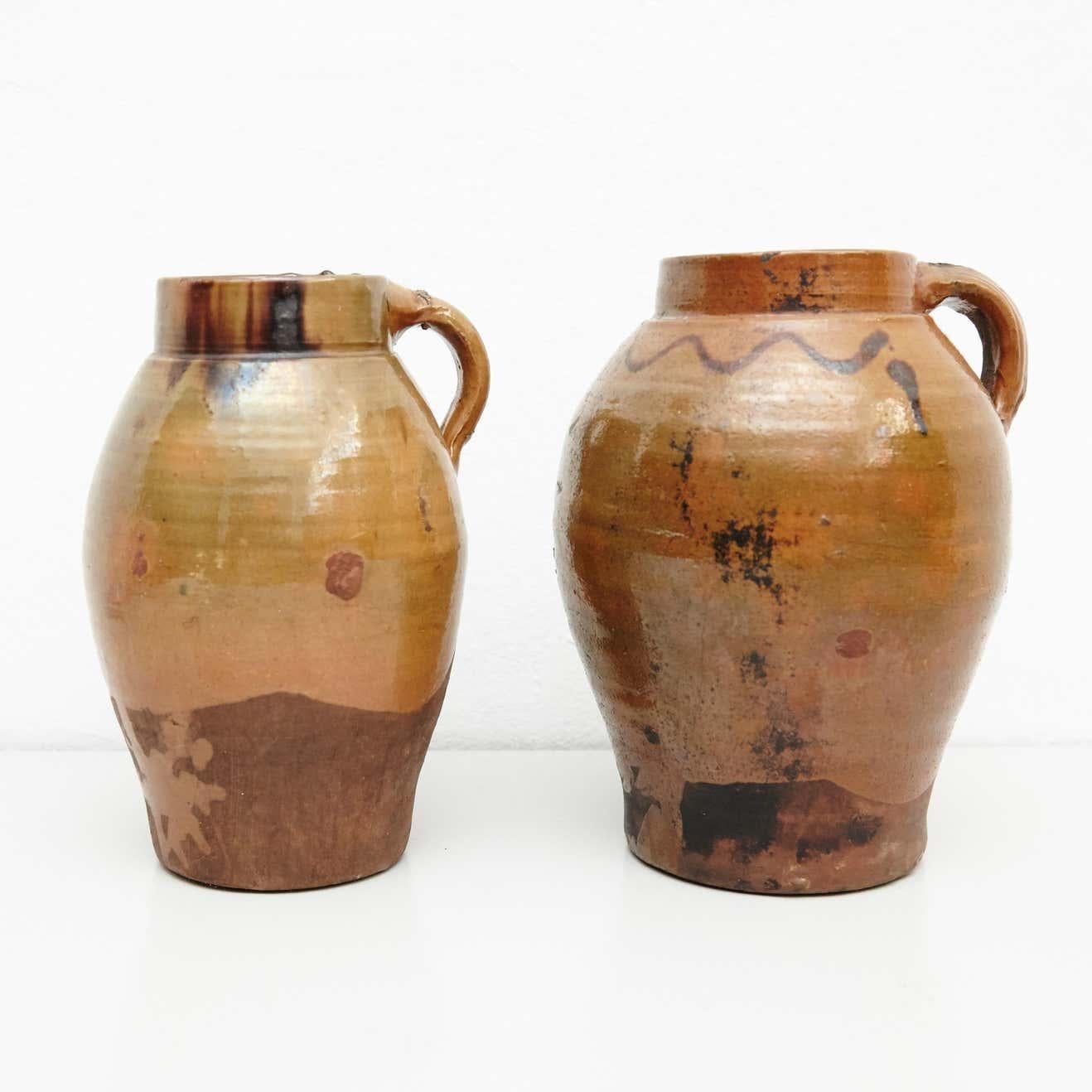 XIXe siècle Ensemble de deux céramiques traditionnelles rustiques populaires du 19ème siècle peintes à la main en vente