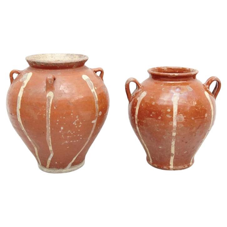 Set of Two 19th Century Hand Painted Rustic Popular Traditional Ceramic For Sale