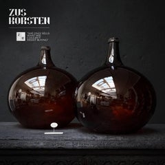 Set of Two 19th Century Large Blown Demijohn Amber Colored Glass Bottles