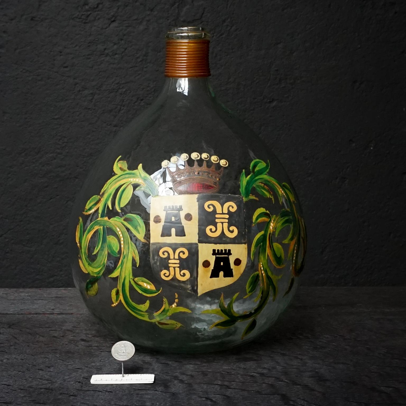 Set of Two 19th Century Large Handblown Demijohns with Painted Coat of Arms 3