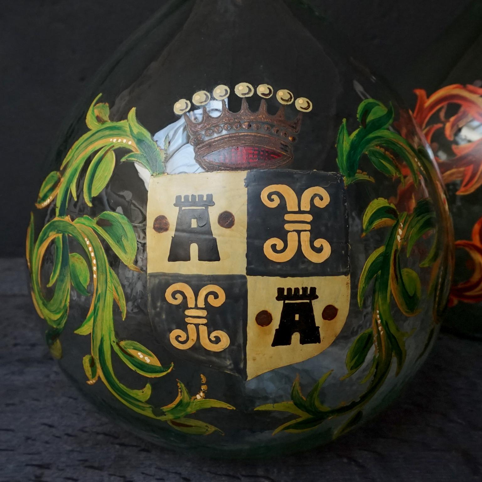 Set of Two 19th Century Large Handblown Demijohns with Painted Coat of Arms 4