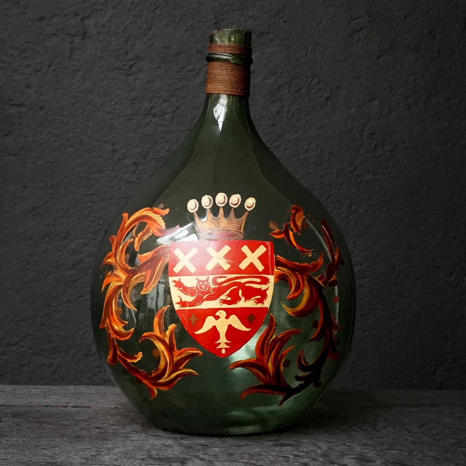 European Set of Two 19th Century Large Handblown Demijohns with Painted Coat of Arms