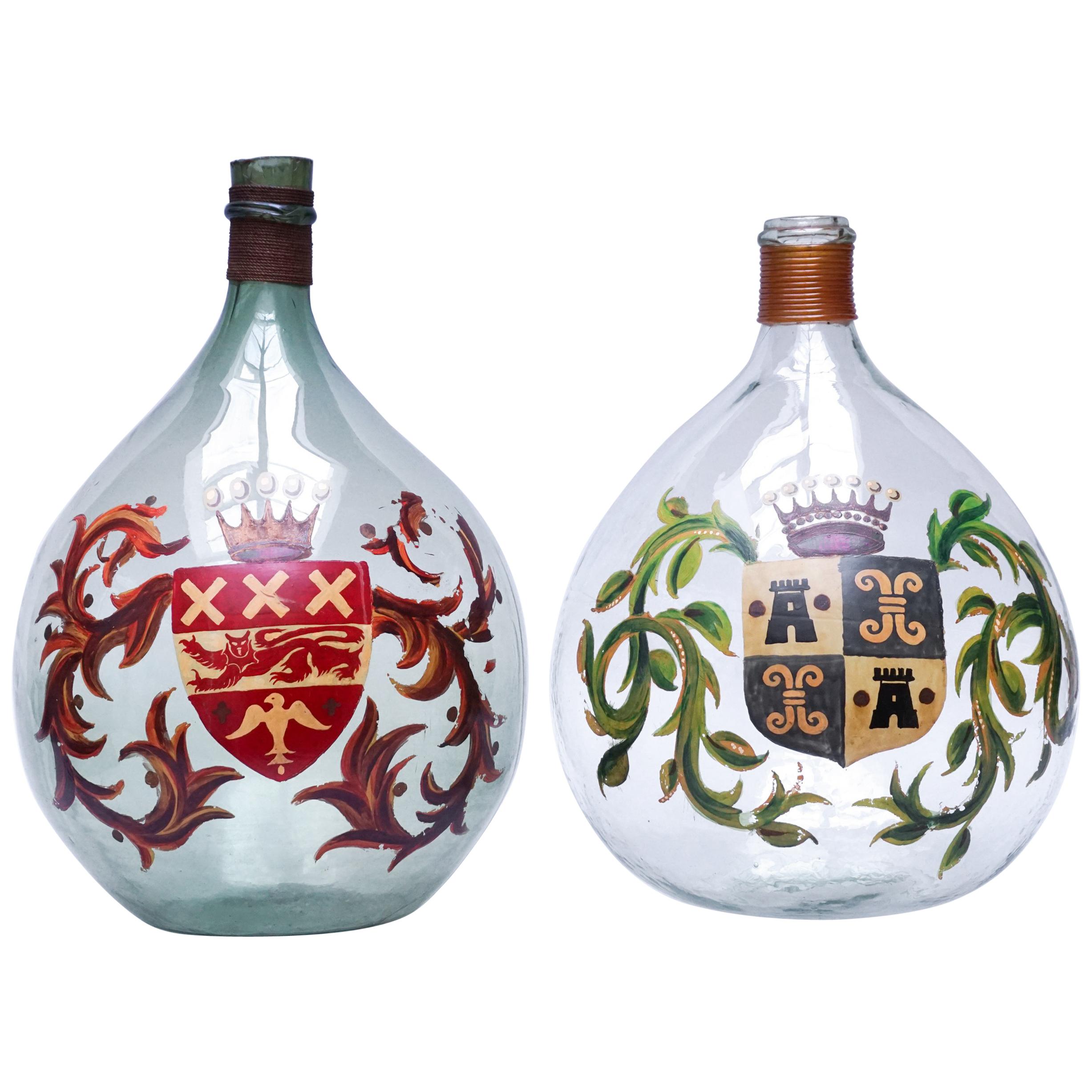 Set of Two 19th Century Large Handblown Demijohns with Painted Coat of Arms