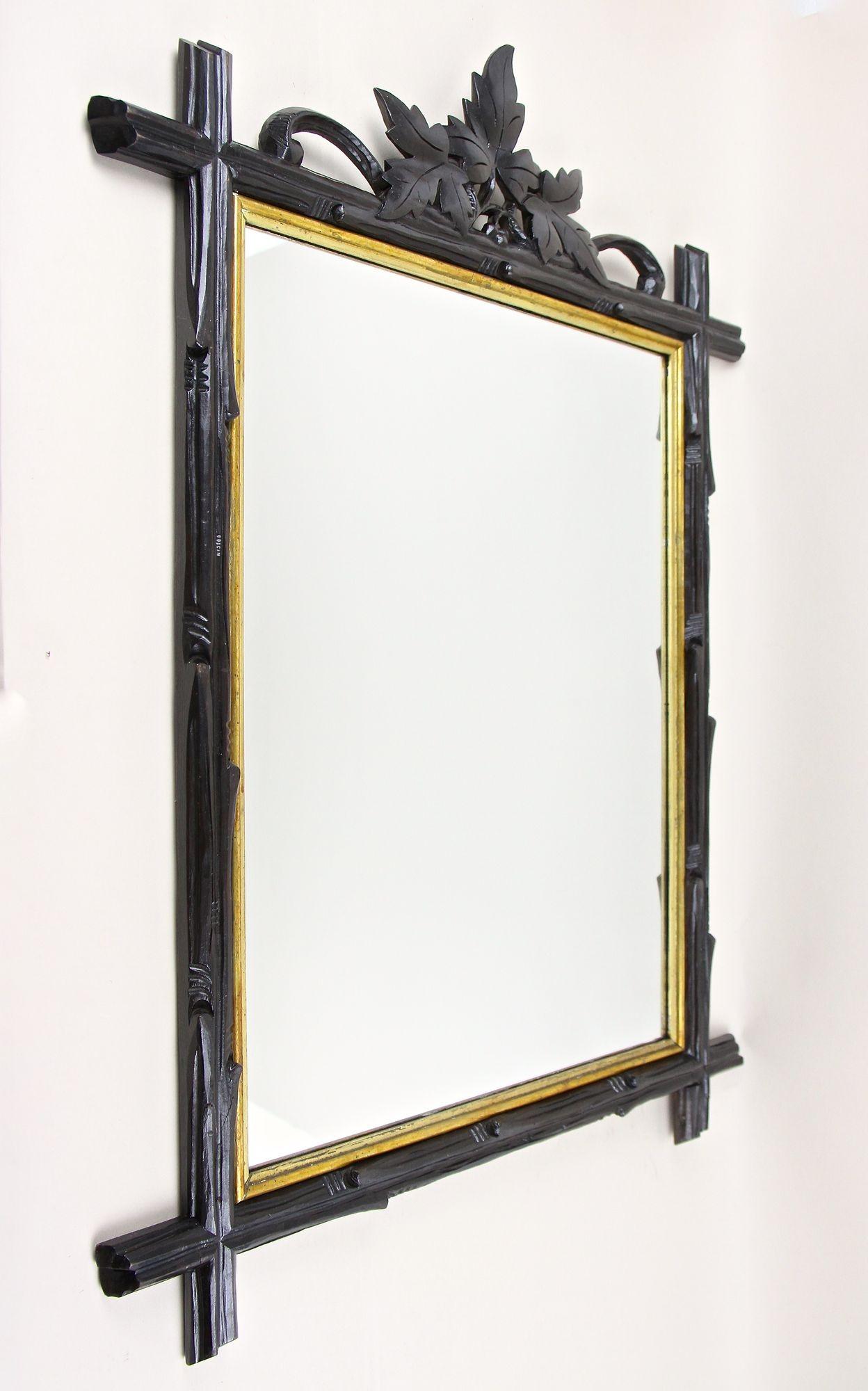 Ensemble de deux miroirs muraux rustiques Black Forest du 19e siècle, barres dorées, AT vers 1870 en vente 2
