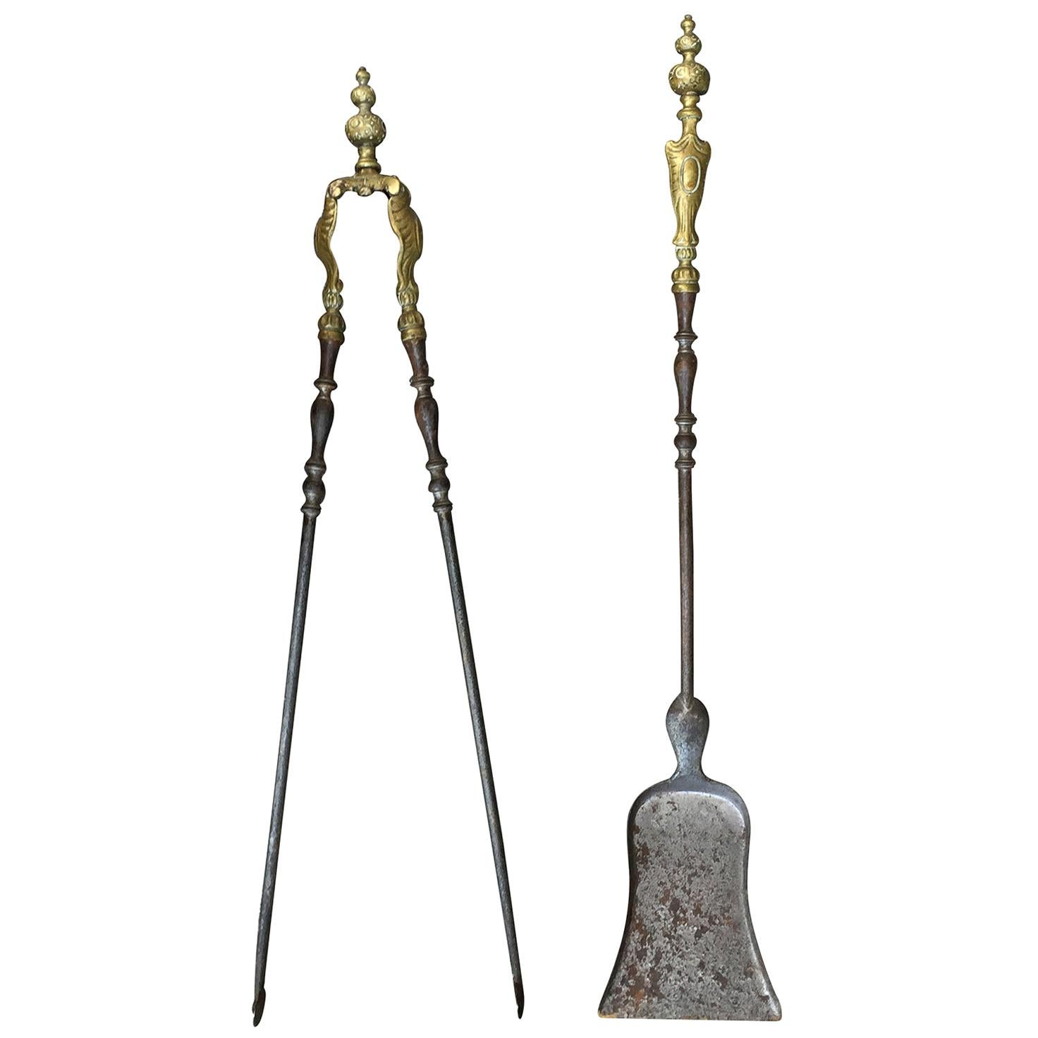 Set of Two 19th Century Steel and Brass Fire Tools, Shovel and Tongs For Sale