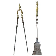Antique Set of Two 19th Century Steel and Brass Fire Tools, Shovel and Tongs