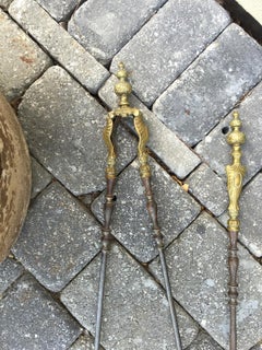 Set of Two 19th Century Steel and Brass Fire Tools, Shovel and Tongs
