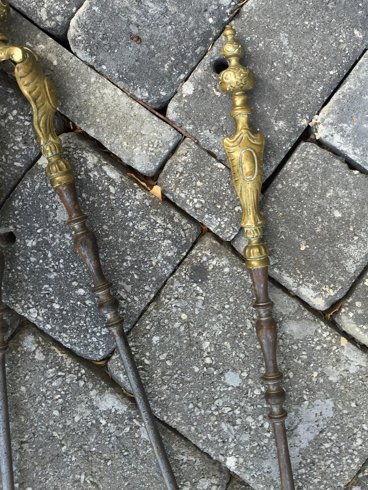 Set of Two 19th Century Steel and Brass Fire Tools, Shovel and Tongs For Sale 2