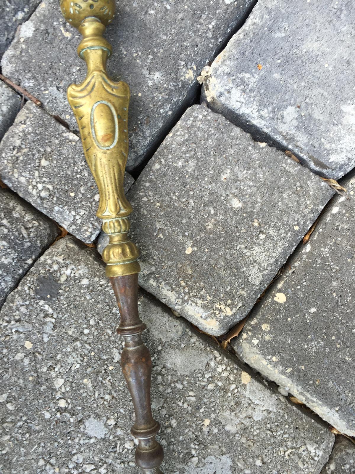 Set of Two 19th Century Steel and Brass Fire Tools, Shovel and Tongs For Sale 3