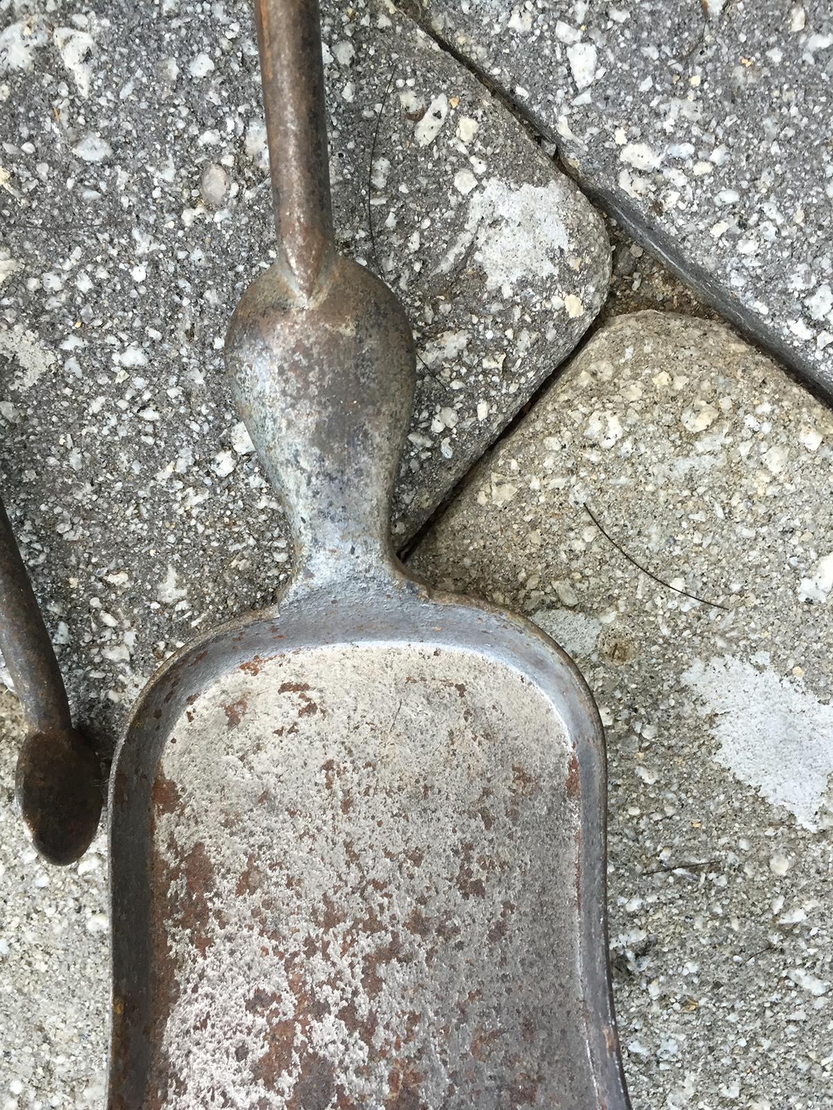 Set of Two 19th Century Steel and Brass Fire Tools, Shovel and Tongs For Sale 5