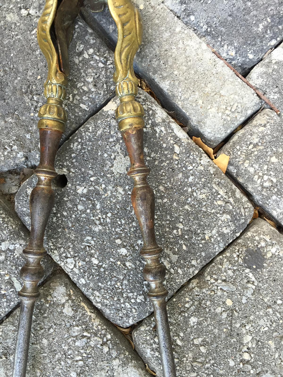 Set of Two 19th Century Steel and Brass Fire Tools, Shovel and Tongs For Sale 6