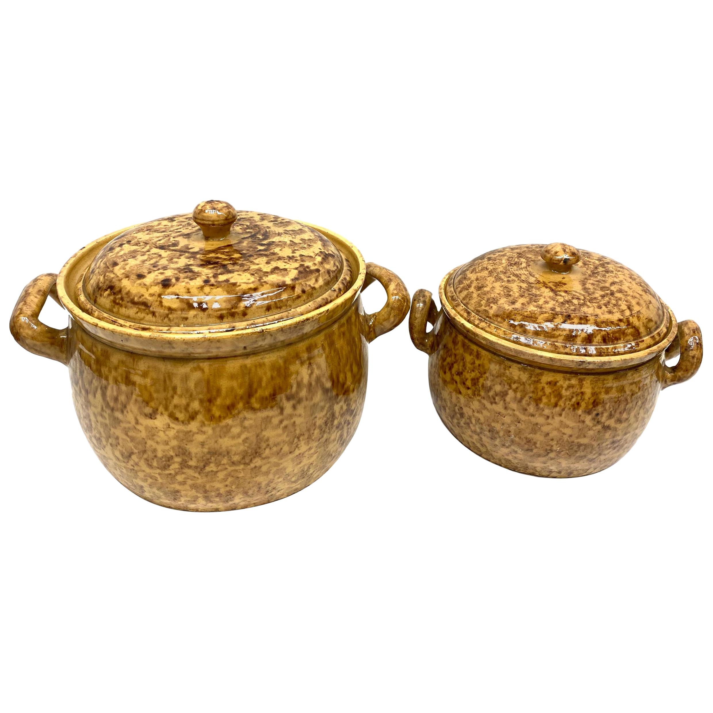 Set of Two 19th Century Tuscany Earthenware Stoneware Pots Crocks, Italy For Sale