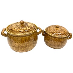 Antique Set of Two 19th Century Tuscany Earthenware Stoneware Pots Crocks, Italy