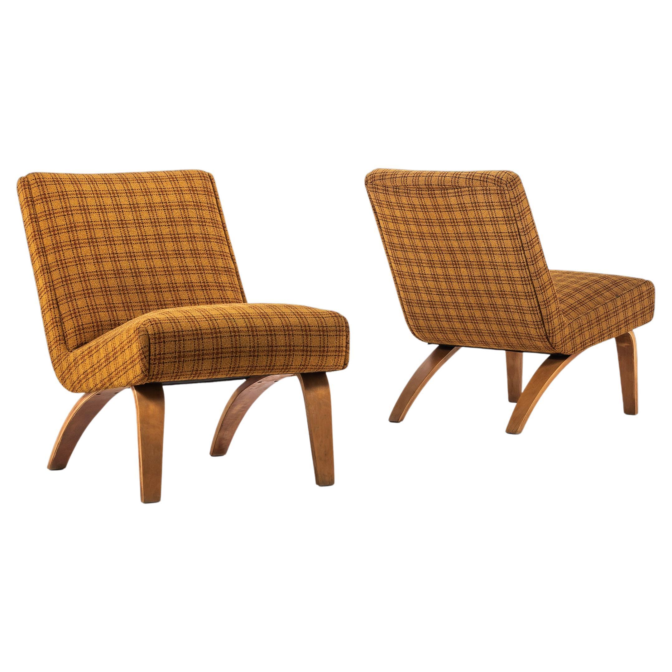 Set of Two '2' Bentwood Slipper Chairs in Original Fabric by Thonet, USA, 1940s