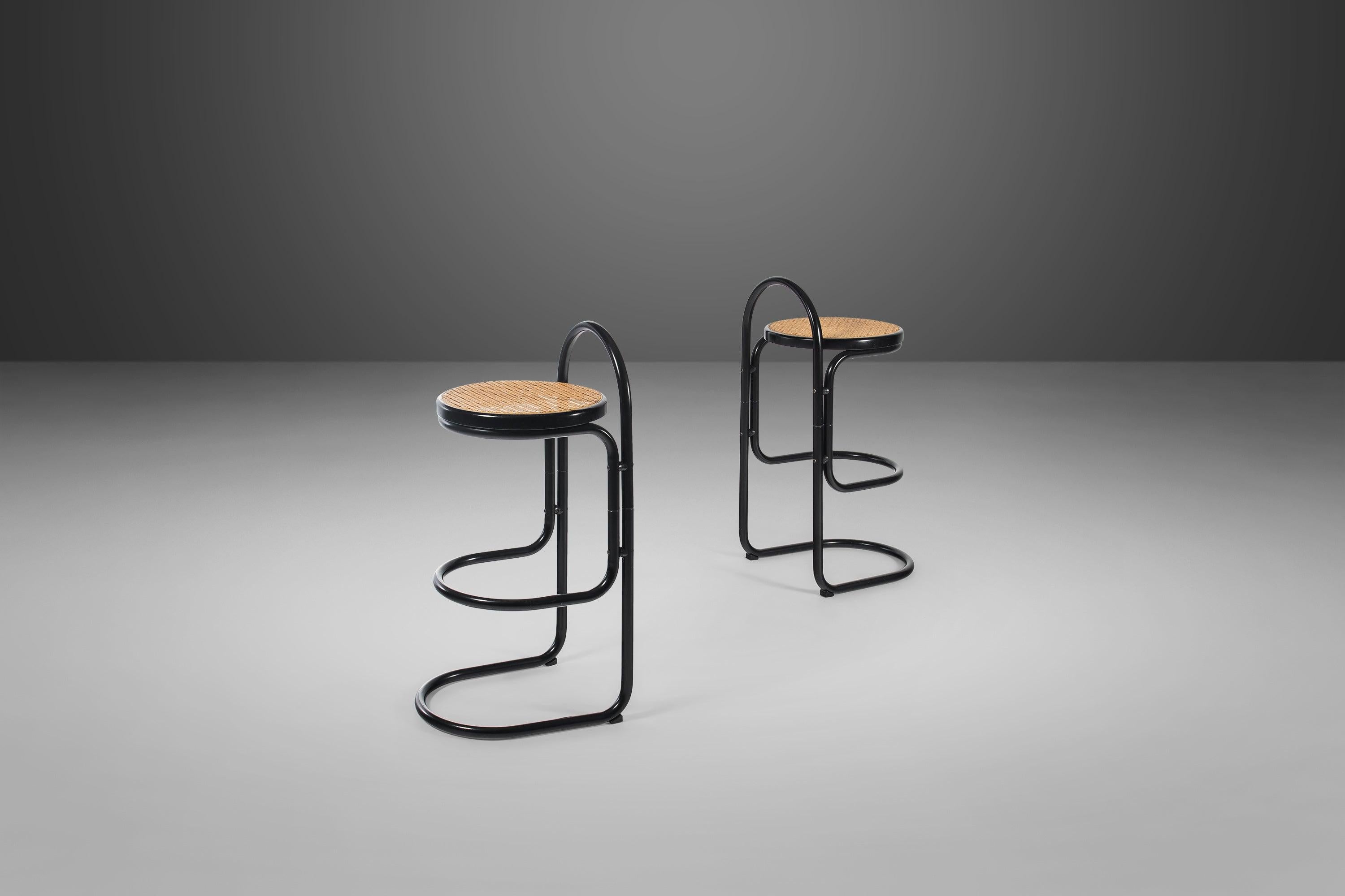 Late 20th Century Set of Two '2' Cane and Ebonized Metal Bar Stools After Thonet, USA, 1970's
