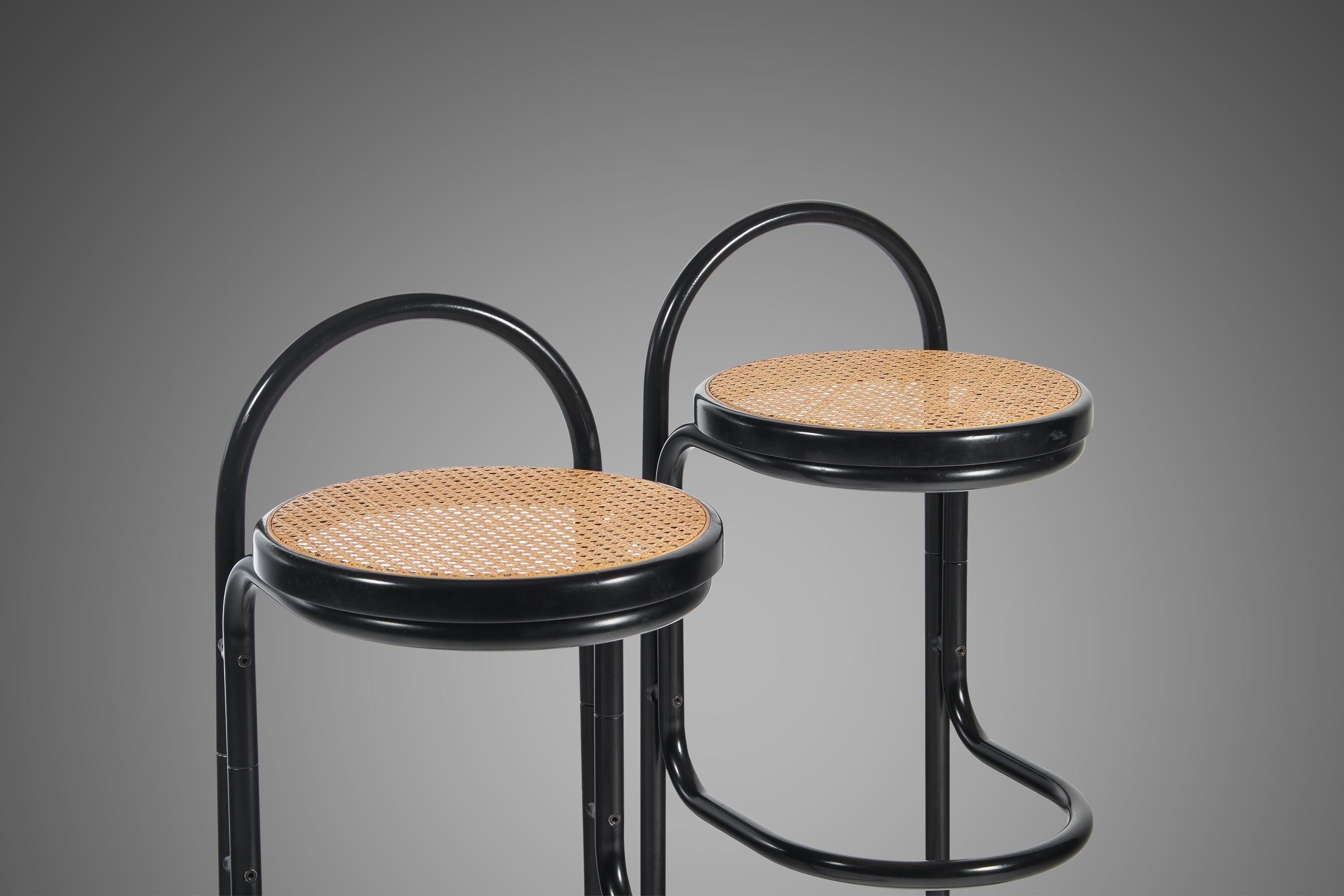 Set of Two '2' Cane and Ebonized Metal Bar Stools After Thonet, USA, 1970's 1