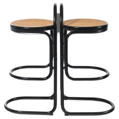 Set of Two '2' Cane and Ebonized Metal Bar Stools After Thonet, USA, 1970's