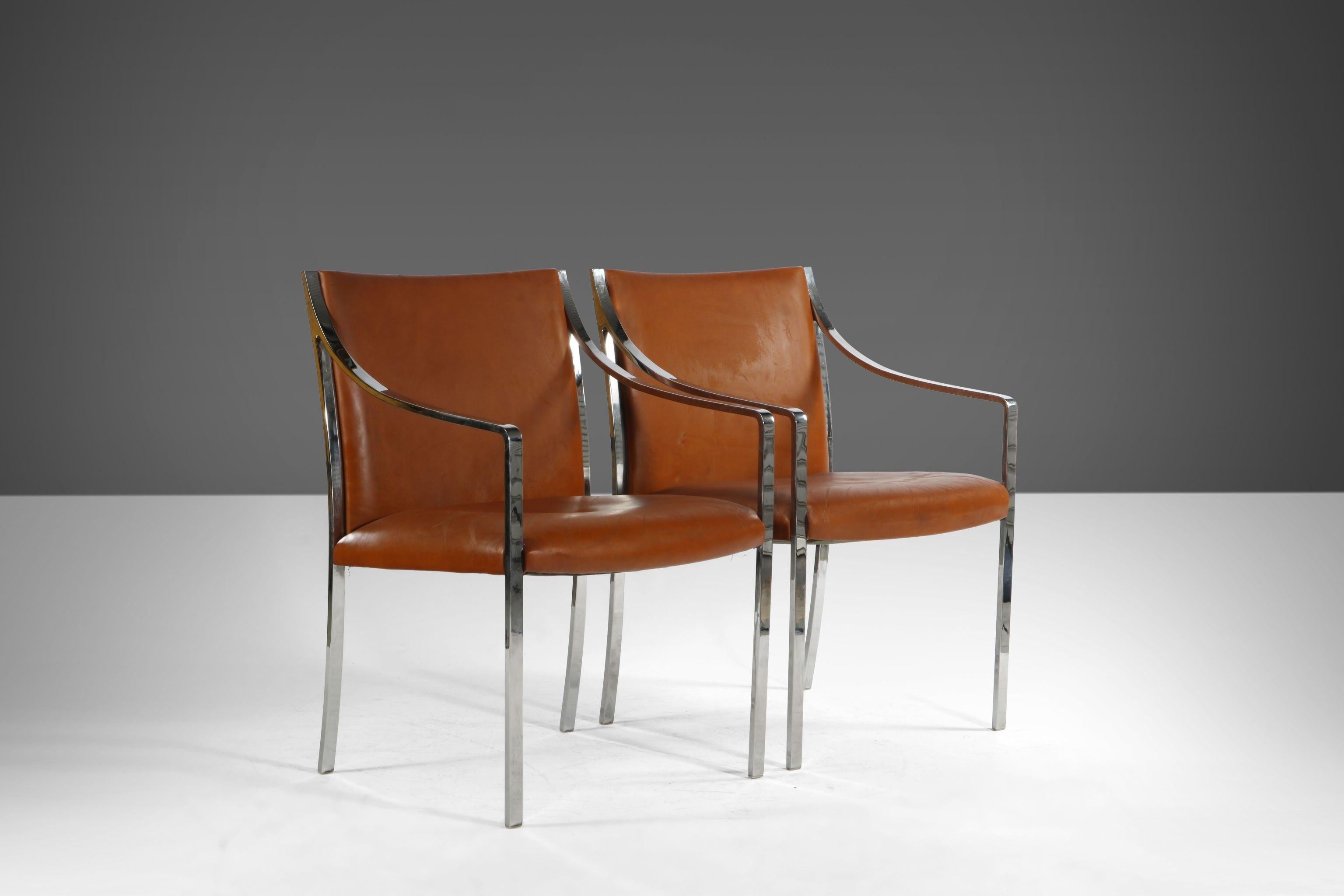 The set of chairs is constructed on an architectural chrome base with the original leatherette / Naugahyde seats. We offer re-upholstery services; please inquire prior to checkout if you are interested in this service. The design is exquisite and