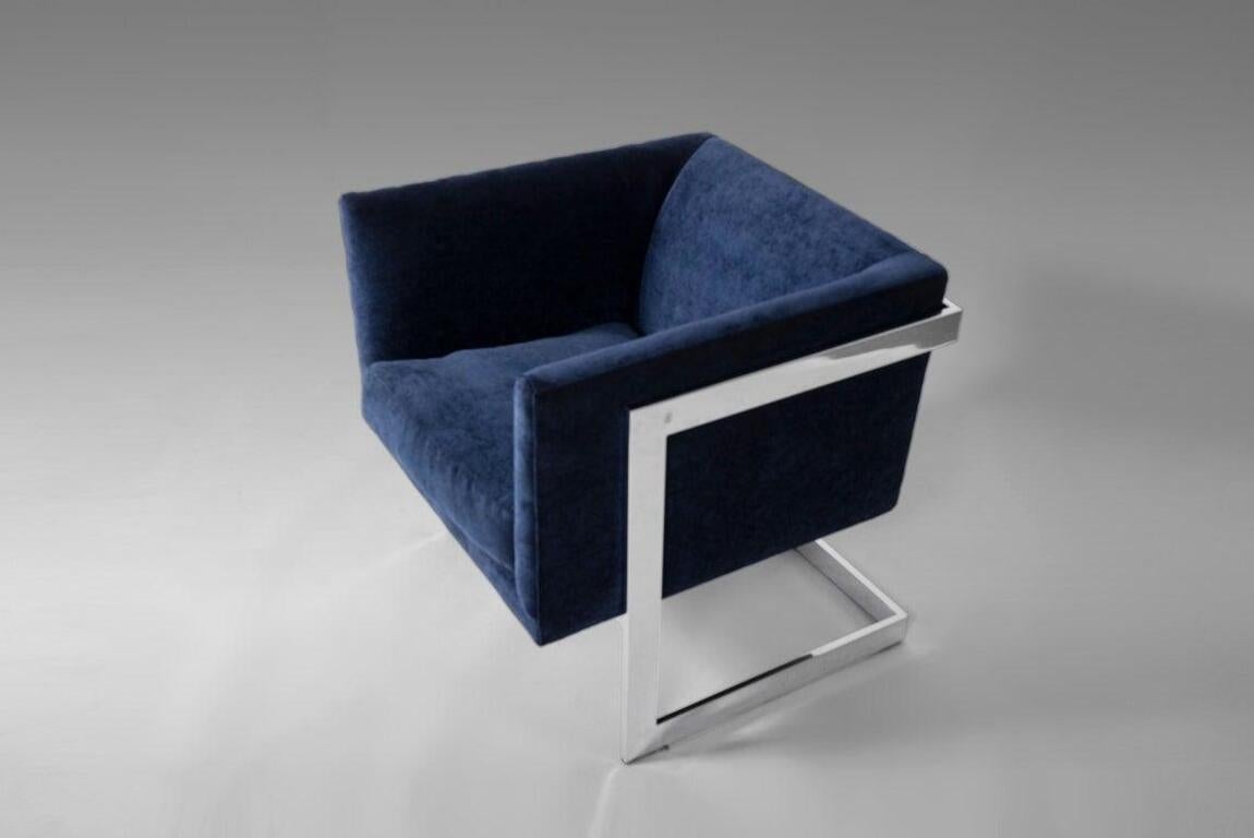 Mid-Century Modern Set of Two Club Chairs in Navy Blue Velvet w/ a Chrome Frame by Milo Baughman