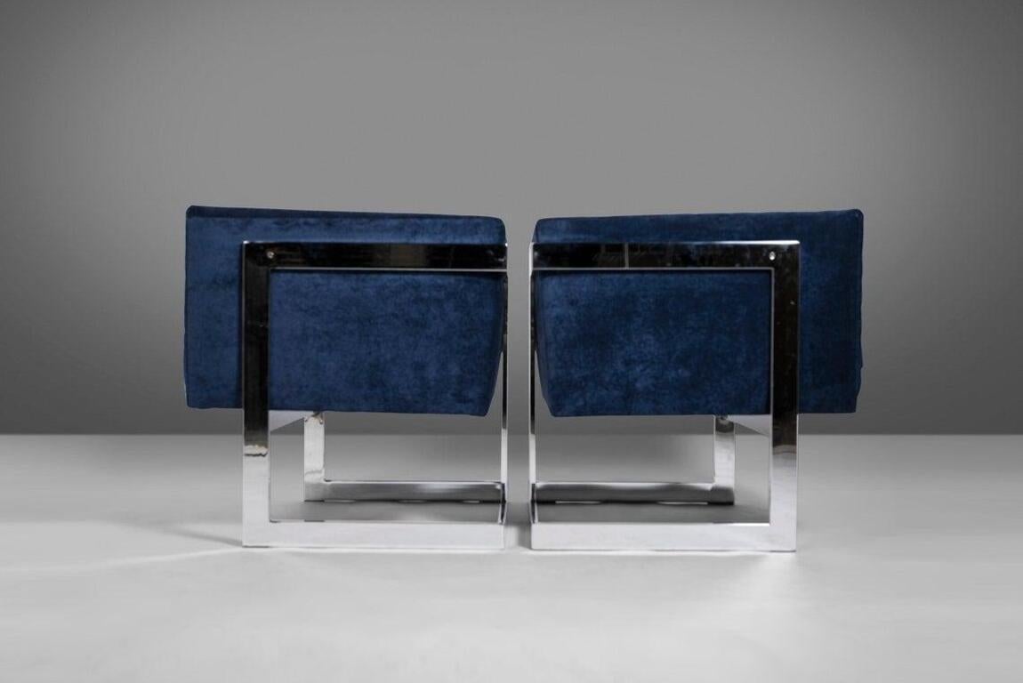 Set of Two Club Chairs in Navy Blue Velvet w/ a Chrome Frame by Milo Baughman 1