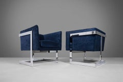 Set of Two ''2'' Club Chairs in Navy Blue Velvet w/ a Chrome Frame by Milo Baughma