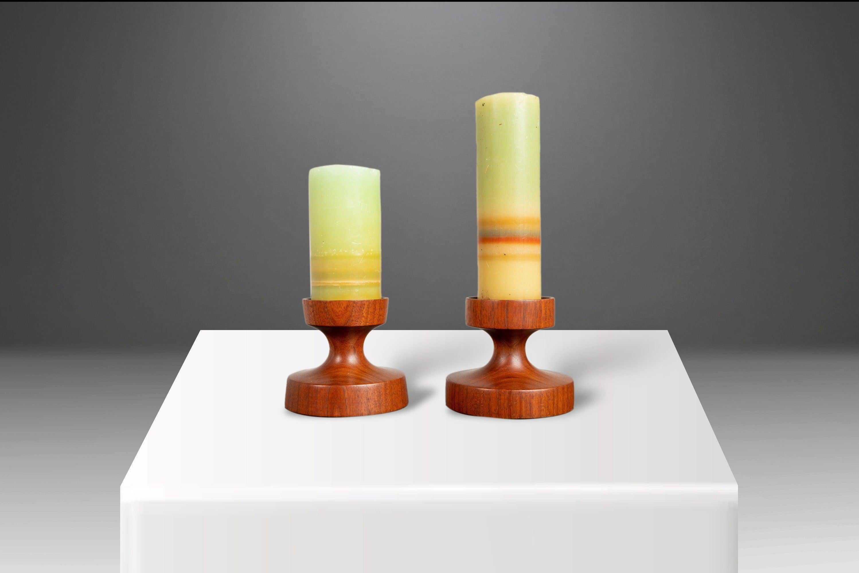 Scandinavian Modern Set of Two (2) Danish Mid Century Modern Candlestick Holders in Walnut 
