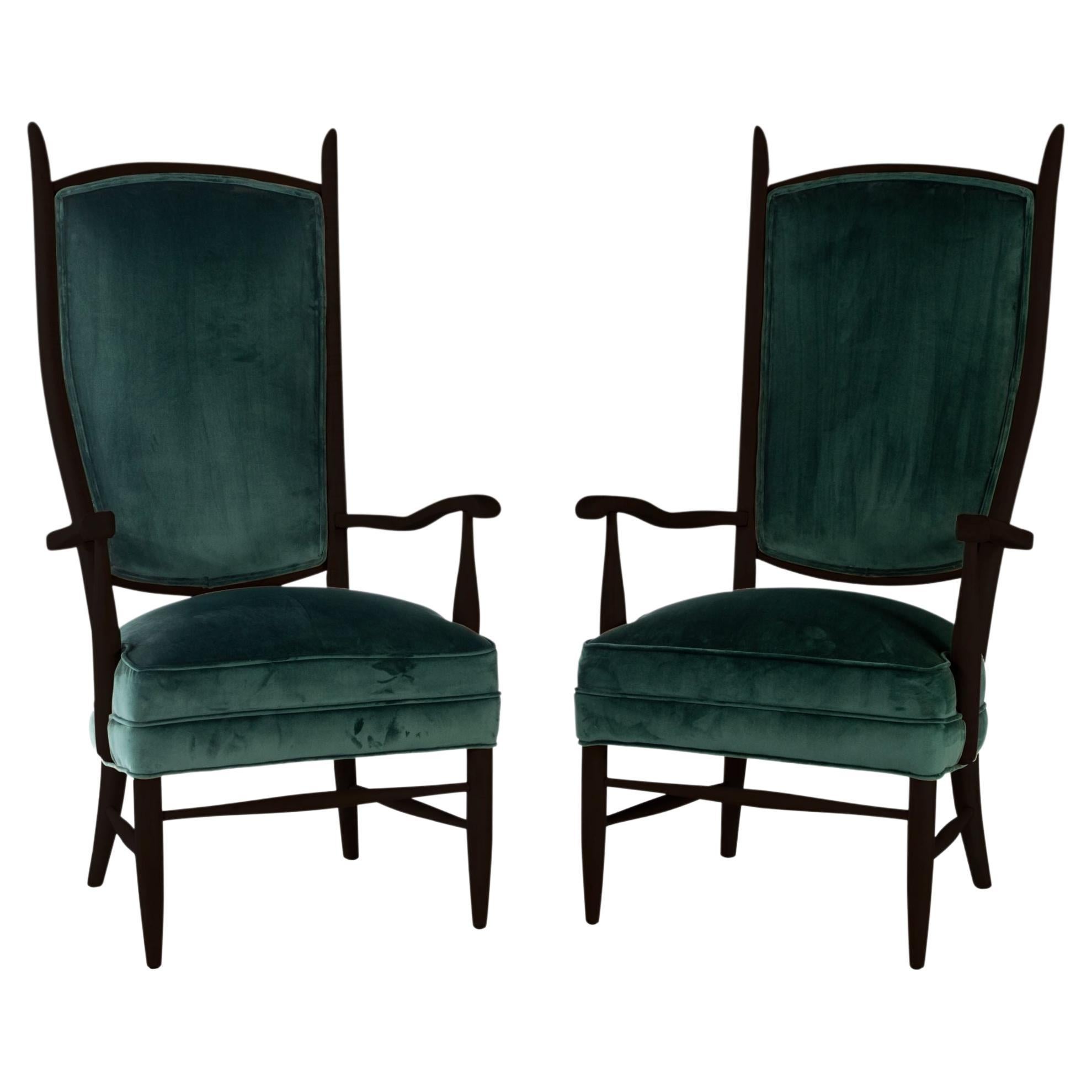 Set of Two '2' Ebonized Maxwell Royal American High Back Upholstered Chairs, USA For Sale