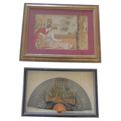 Vintage Set of Two '2' Framed Gallery Wall Tapestry & Fan