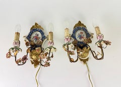 Set of Two 2-Light Wall Lamps in wrought iron and decorated porcelain, 1940s