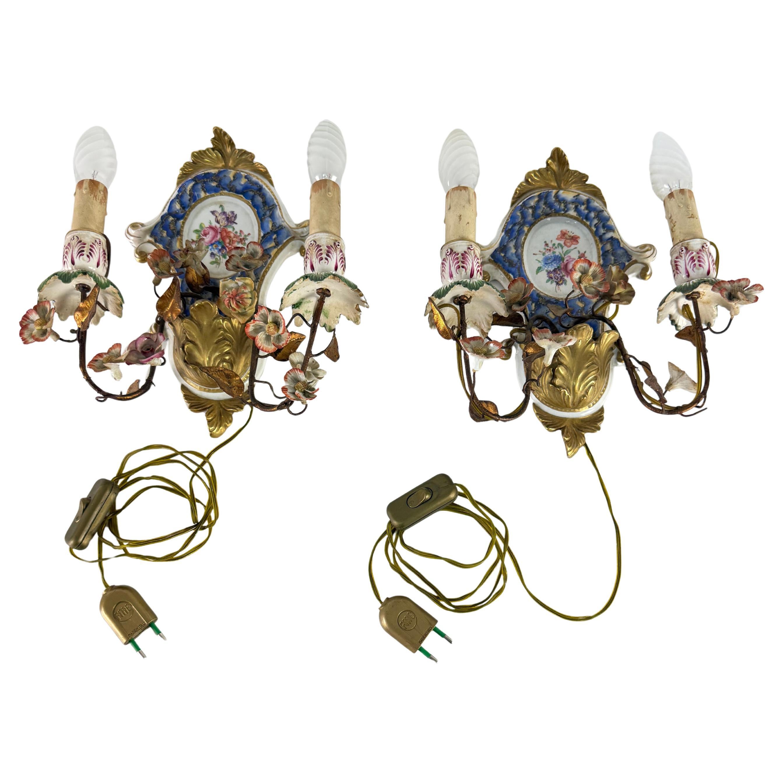 Set of Two 2-Light Wall Lamps in wrought iron and decorated porcelain, 1940s For Sale