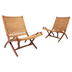 Set of Two '2' Low Profile in Walnut & Paper Chord After Hans Wegner, c. 1960s