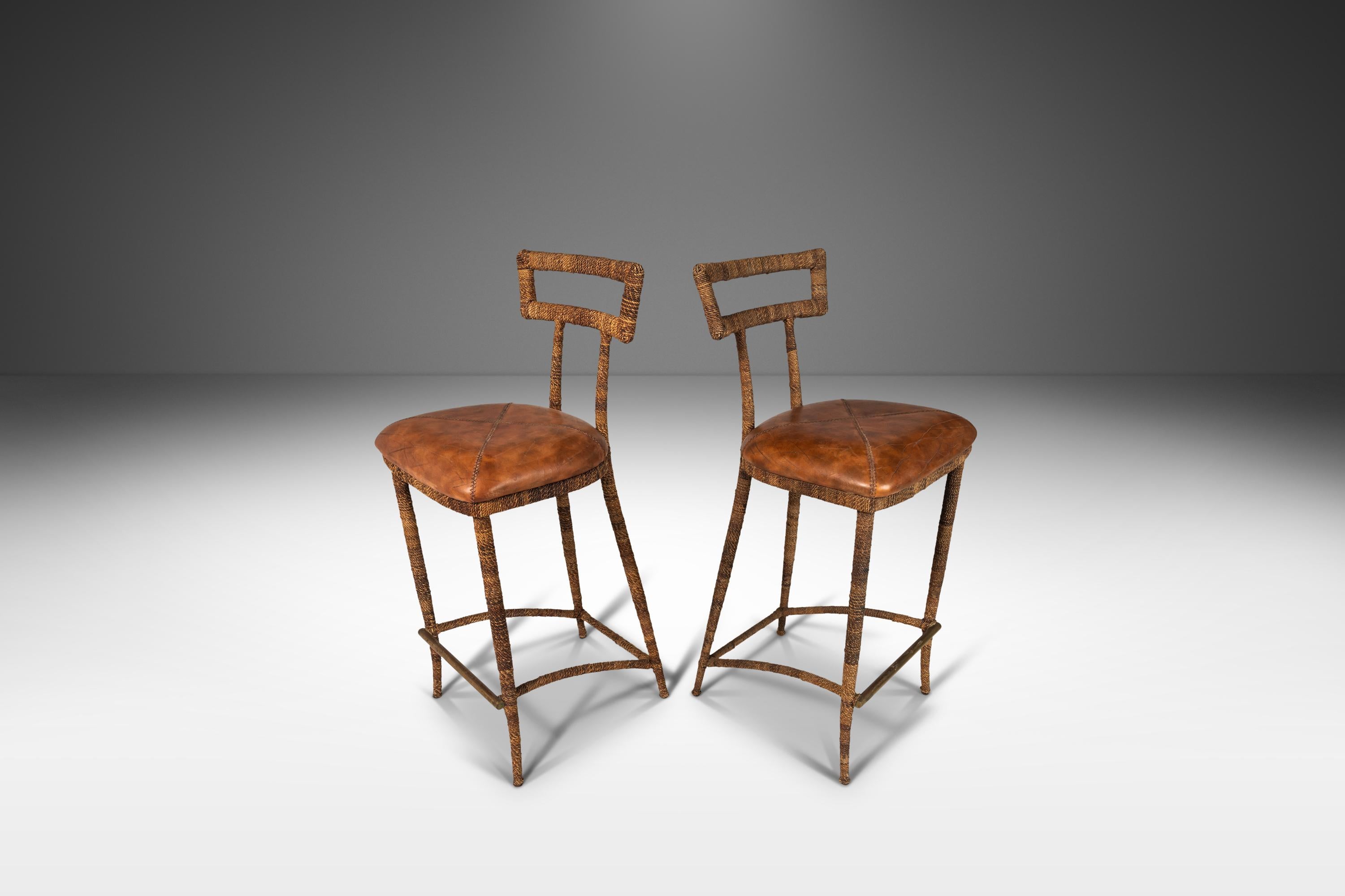 Late 20th Century Set of Two (2) Substantial Campaign Bar Height Bar Stools by Maitland-Smith, 80s For Sale