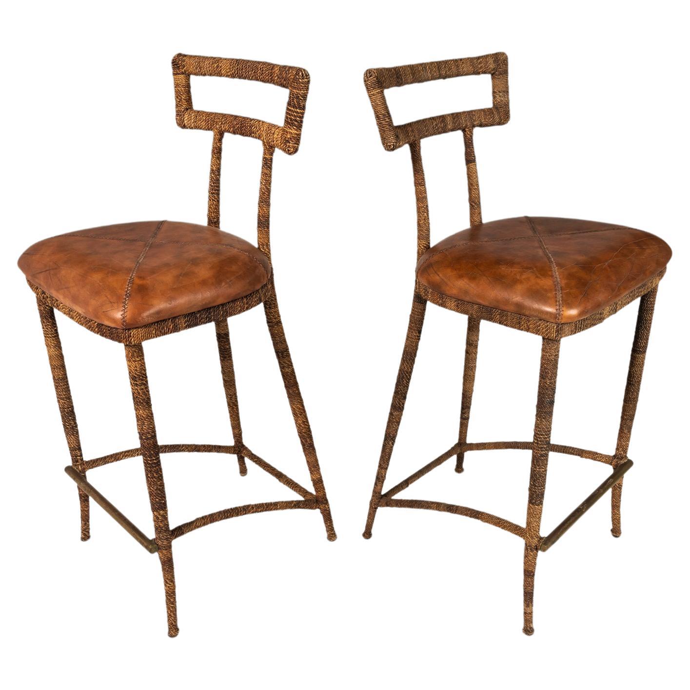 Set of Two (2) Substantial Campaign Bar Height Bar Stools by Maitland-Smith, 80s