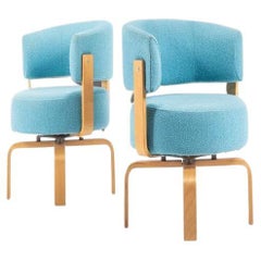 Set of Two '2' Swedish Modern Ikea Swivel Chairs in Birch and Original Turquoise