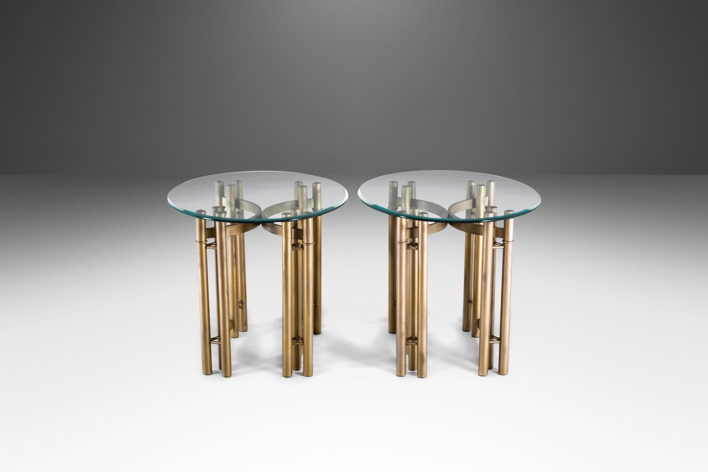 American Set of Two '2' Tubular Hollywood Regency End Tables in Gold w/ Glass Tops, USA For Sale