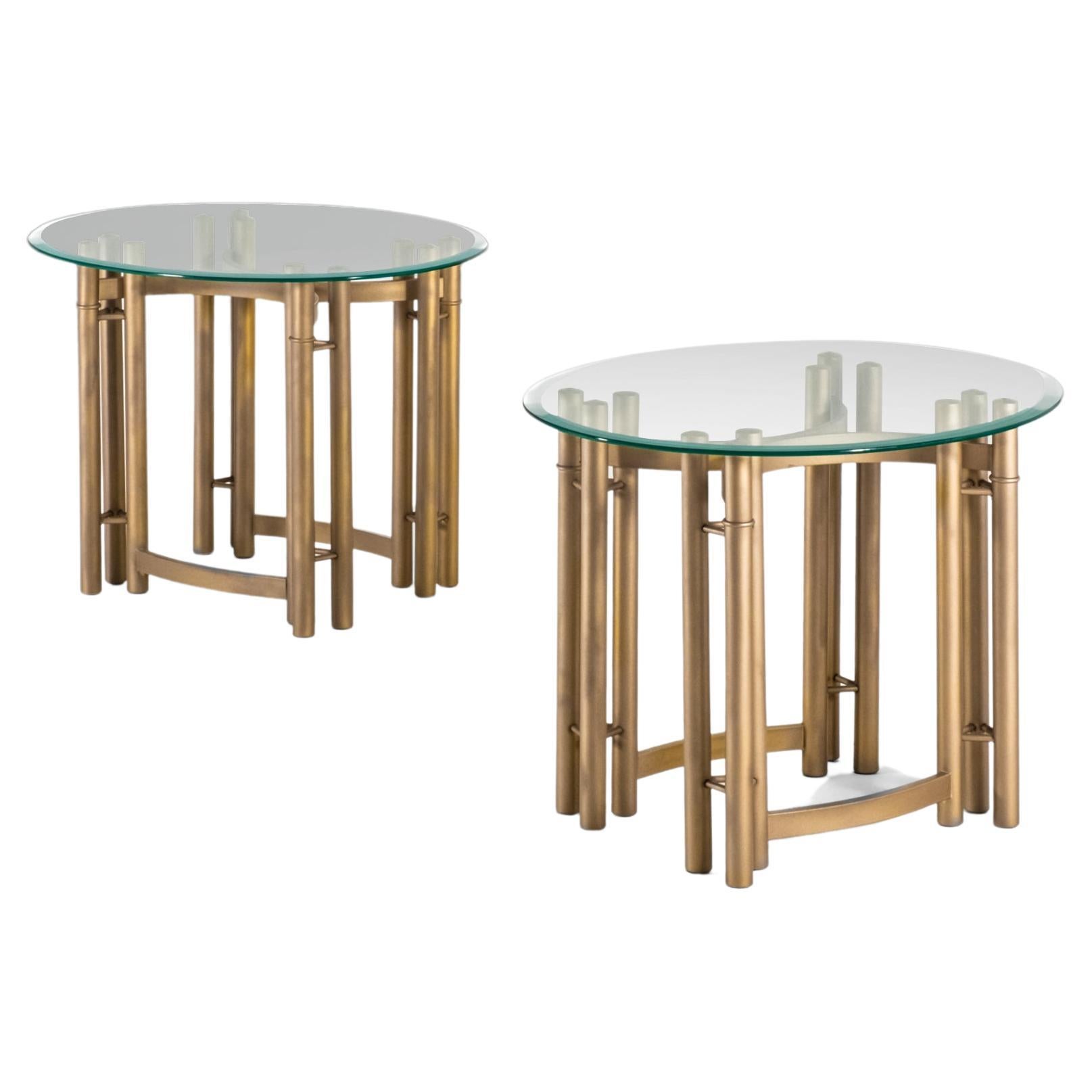 Set of Two '2' Tubular Hollywood Regency End Tables in Gold w/ Glass Tops, USA For Sale