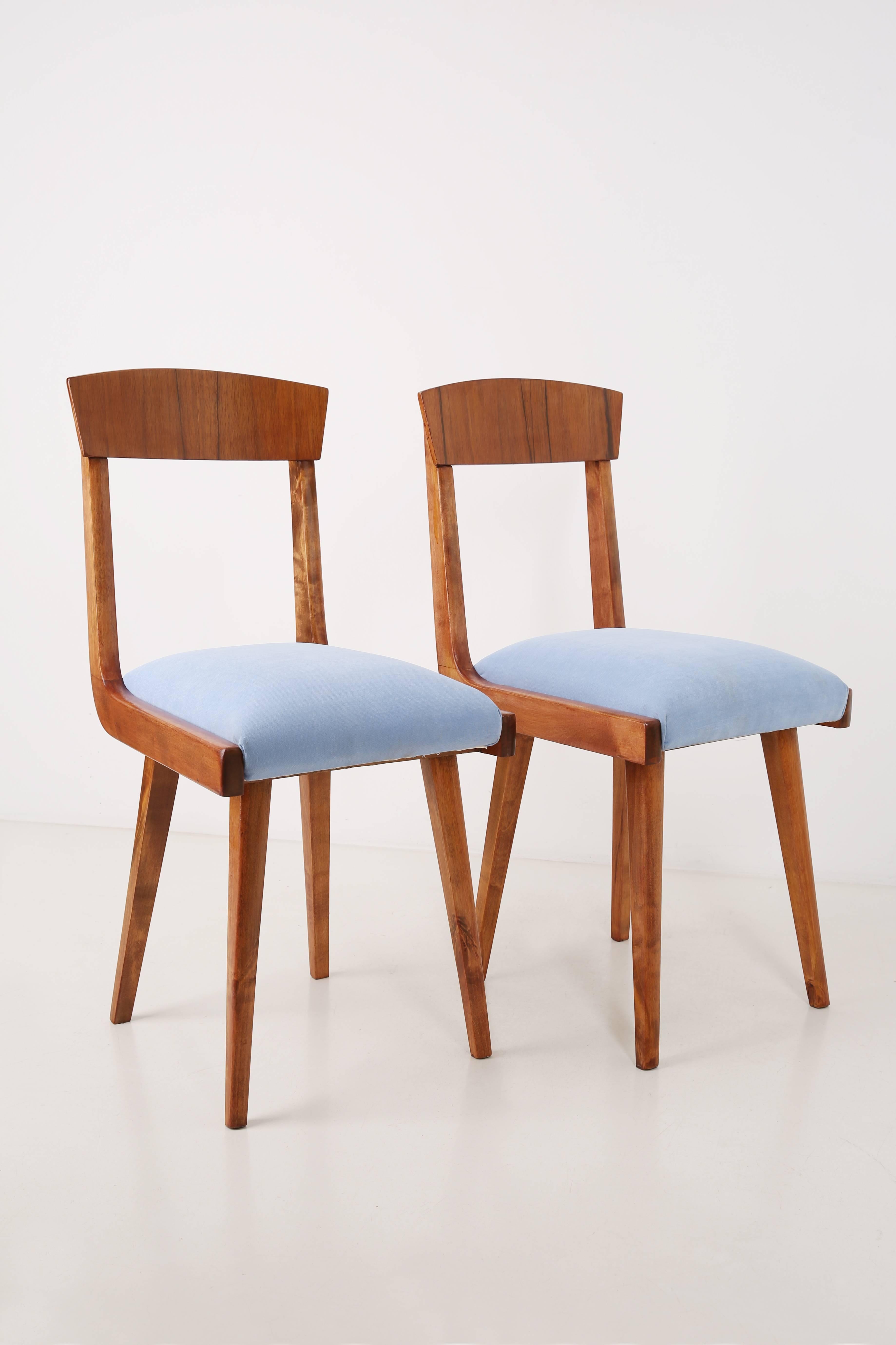 Mid-Century Modern Set of Two Mid Century Baby Blue Velvet and Medium Wood Chairs, Europe, 1960s For Sale
