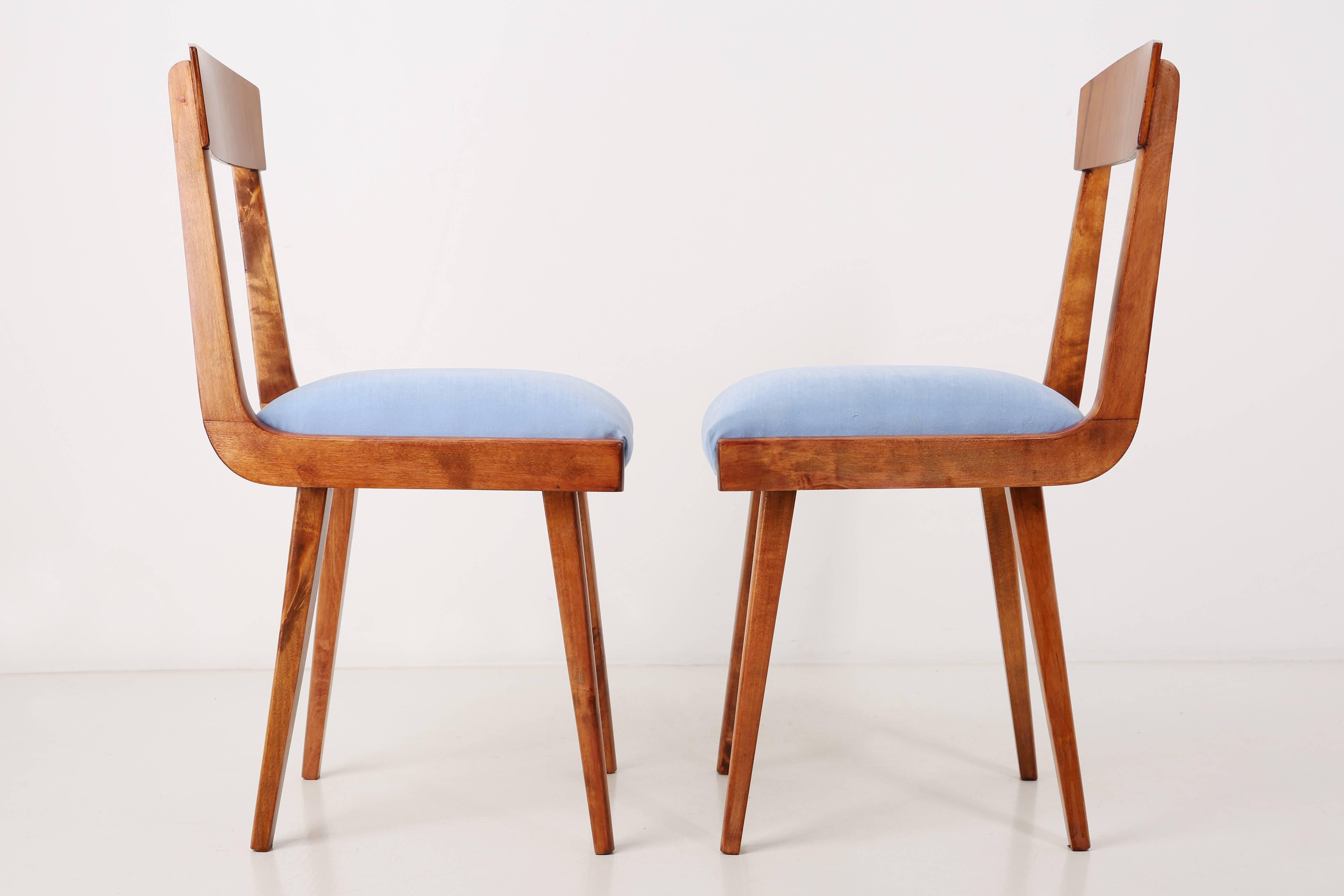 Polish Set of Two Mid Century Baby Blue Velvet and Medium Wood Chairs, Europe, 1960s For Sale