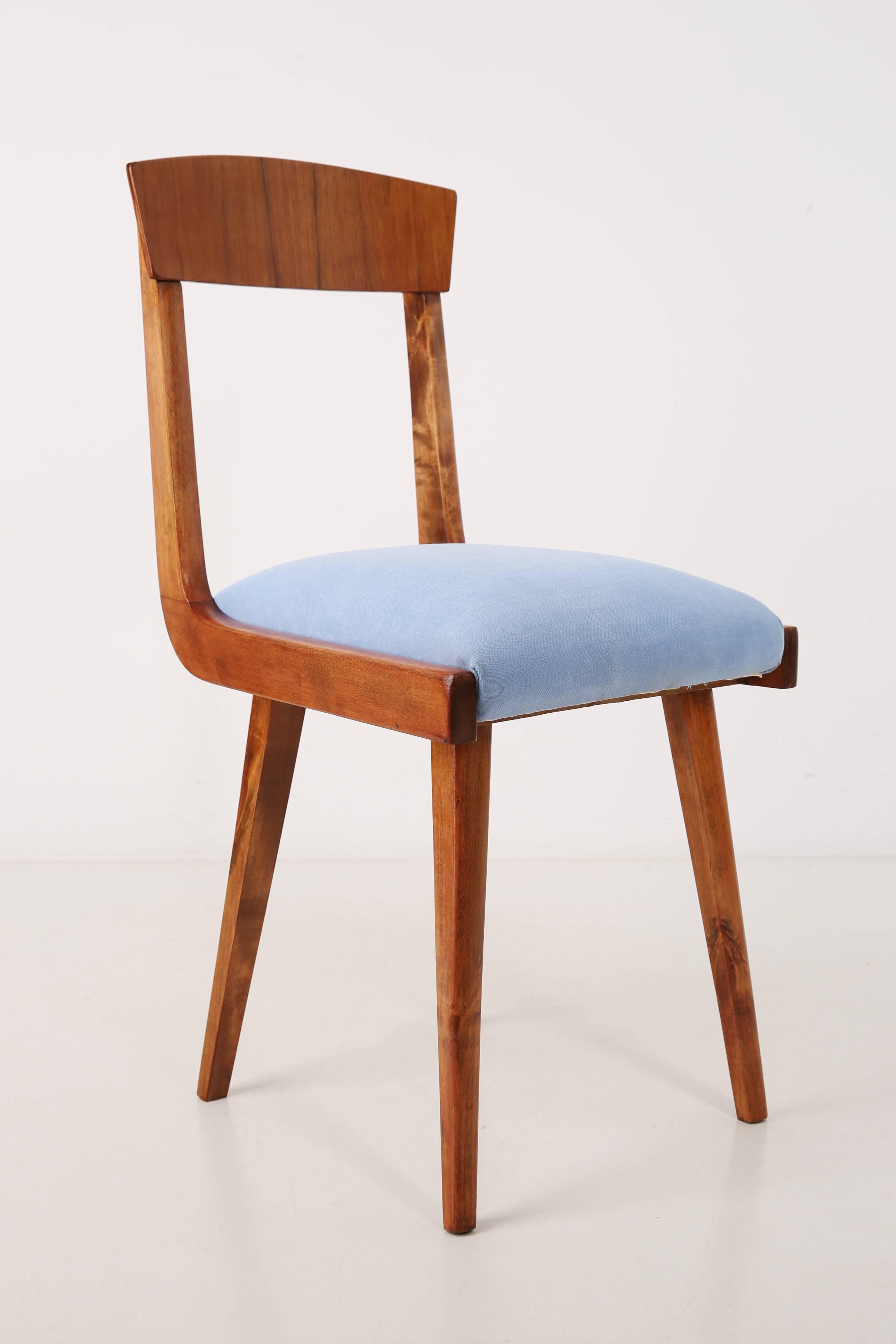Hand-Crafted Set of Two Mid Century Baby Blue Velvet and Medium Wood Chairs, Europe, 1960s For Sale