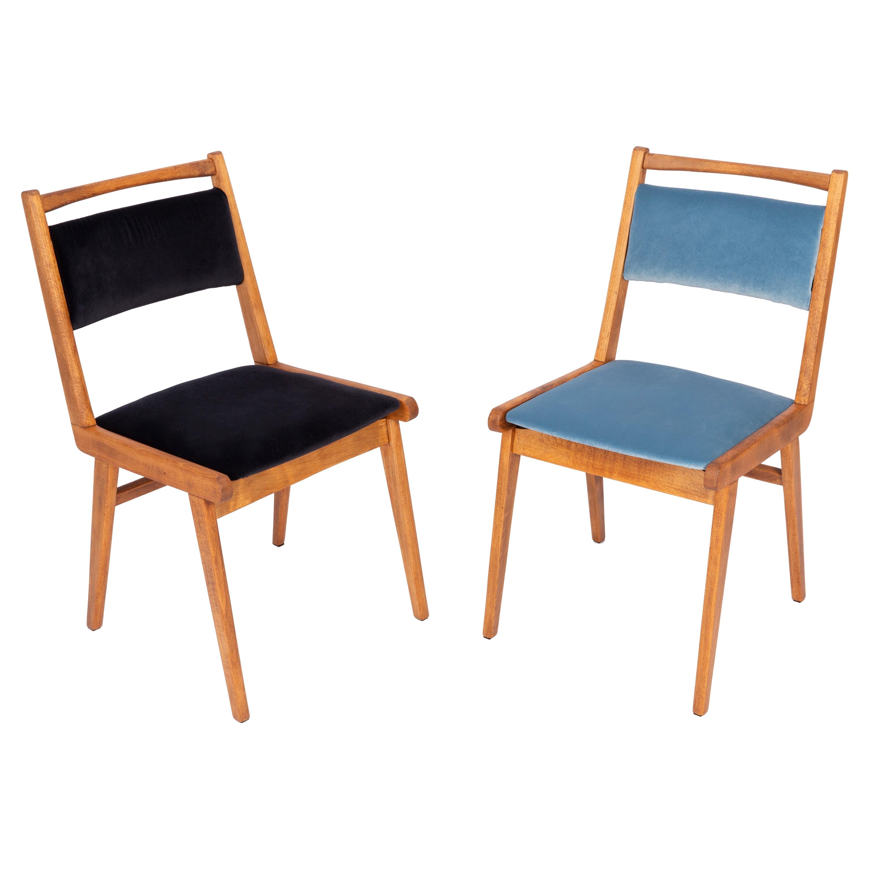 Set of Two 20th Century Black and Blue Velvet Chairs, Poland, 1960s For Sale