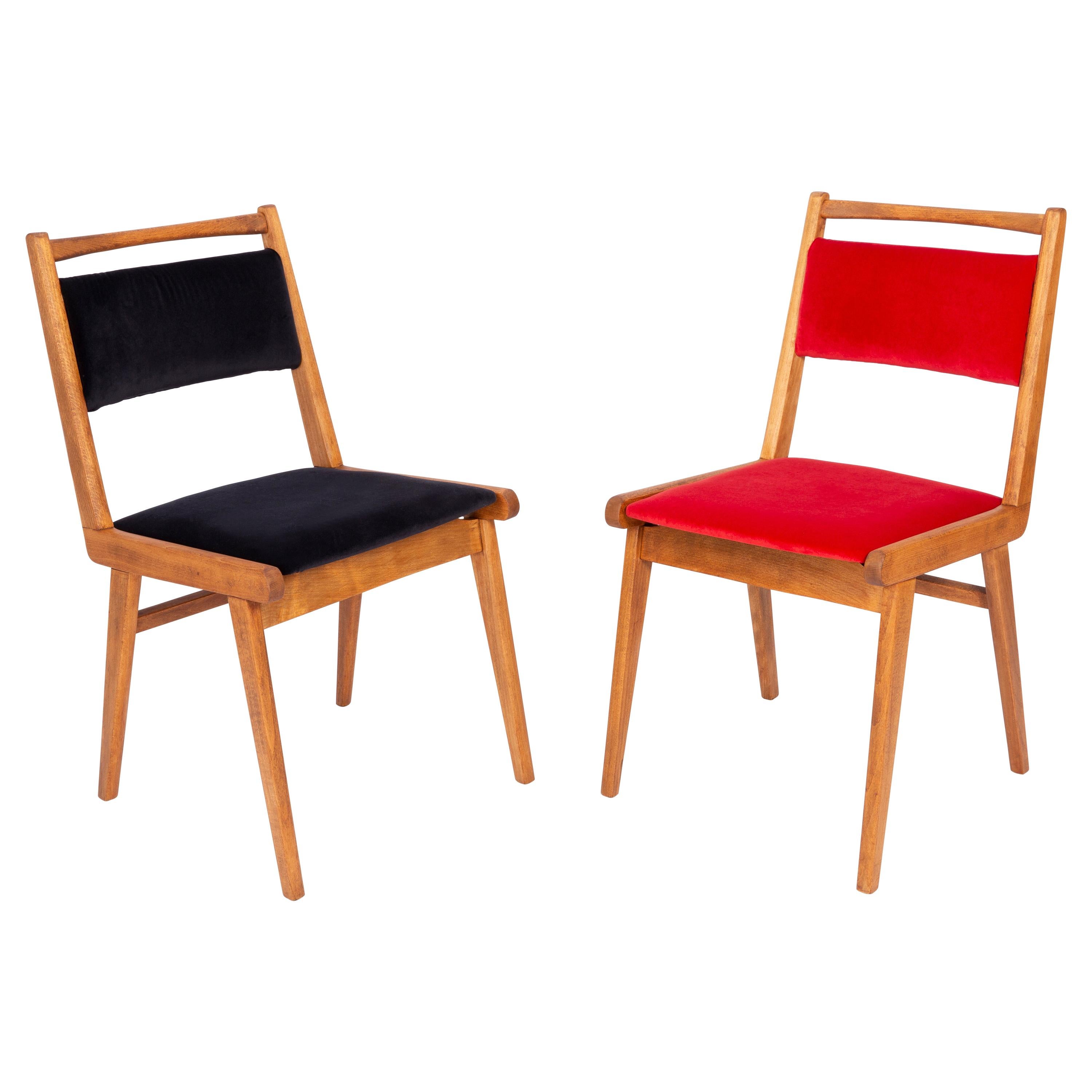Set of Two 20th Century Black and Red Velvet Chairs, Poland, 1960s For Sale